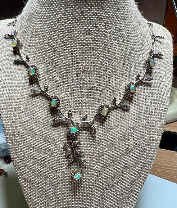White OPALS and Yellow SAPPHIRES Lavalier Necklace.  Floral Vine Design.  Silver.