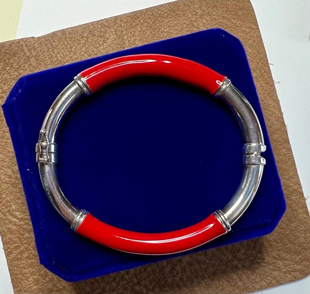 Red Coral Sterling Silver Hinged Bangle Bracelet - Size 7 - Etsy display picture 1