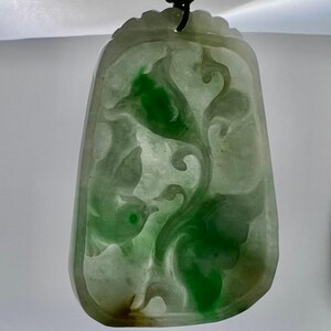 Imperial Green Jadeite Pendant: Hand Carved Flowers, Silk Cord