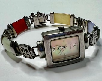Vintage Jade Link Women's Watch: Sterling Silver, Mother of Pearl Face