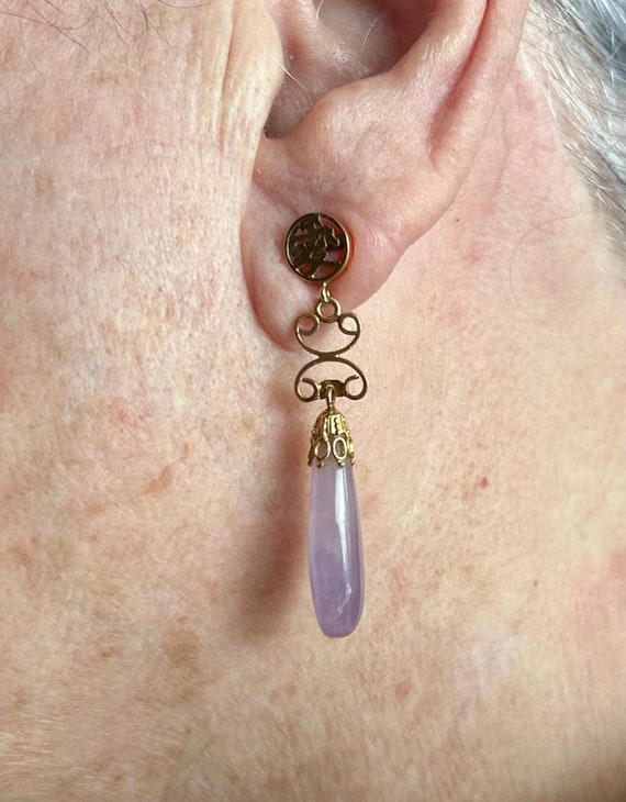 RARE LAVENDER JADEITE Jade Drop Earrings with 14K… - image 6