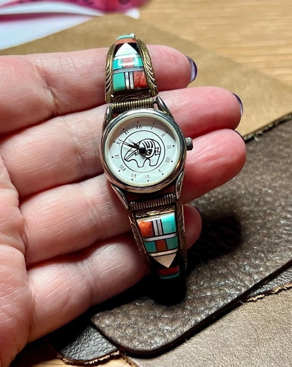 Vintage Inlayed Bear Watch Native American Handmade Vintage Zuni Native American Sterling Silver & Stainless  main image 4