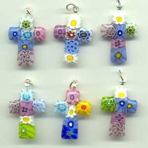Millefiori, Murano Glass, Baby Multicolored Pastel &quot;Lace&quot; Mosaic Cross Pendant, 23 mm x 18 mm, with Silver Bale, Made in Italy