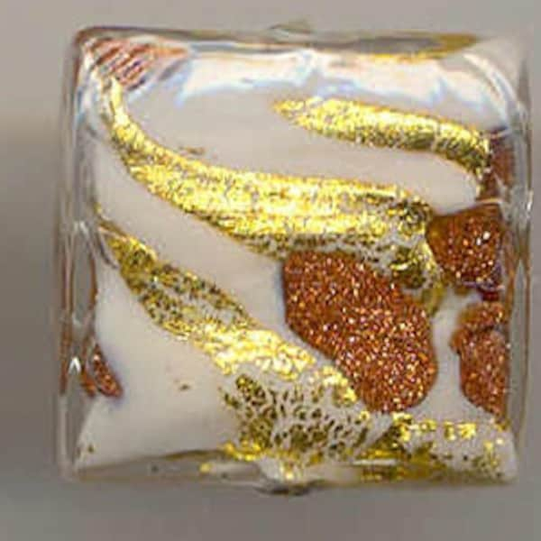 Ivory Oro Murano Glass Venetian Beads 17x17mm Bombata Domed Squares, 24 Kt. Gold Foil, Aventurina, Crystal Clear Murano Glass Outside