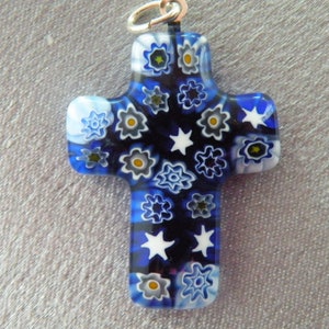 Blu e bianco, Millefiori, Vetro di Murano, Multicolore, Multicaned, Pendenti a croce 30x20mm, Balla d&#39;argento, Non esistono due ciondoli uguali