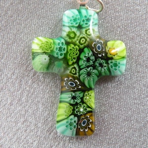 Pendenti a croce verde, millefiori, vetro di Murano, multicolore, multicaned, 30x20mm, balla d&#39;argento, non esistono due ciondoli uguali; Minimo 2