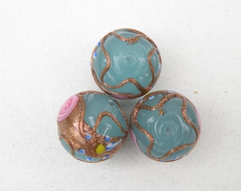 Vintage Translucent Turquoise 14mm Fiorato, Wedding Cake, Genuine Venetian Beads, Murano Glass, 50+ Years Old Beads, Sold Minimum of 4 Beads