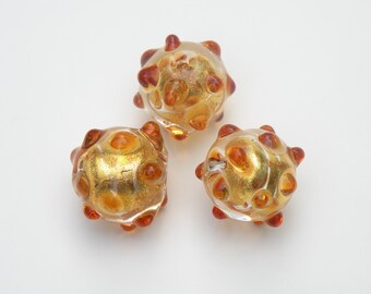 14mm Round Murano Glass, Venetian  "Mine" Beads with Topaz Colored Dots, 24 Karat Gold Foil, Handmade in Venice, Italy, 3.95 each