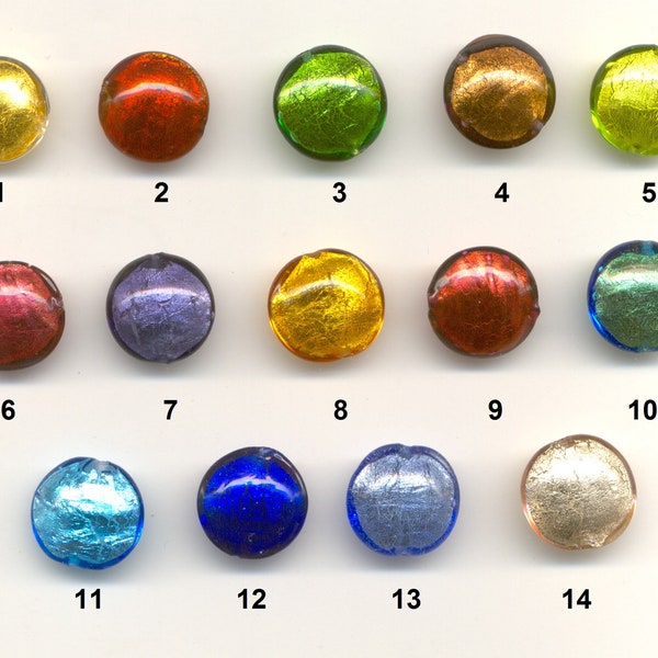 Verre de Murano, petites lentilles, 15mm, en forme de disque, perles vénitiennes faites à la main avec or ou argent 24 carats, ou feuille d’or blanc