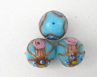 Vintage Turquoise Murano Glass Beads, Fiorato Wedding Cake Venetian Beads (14mm)