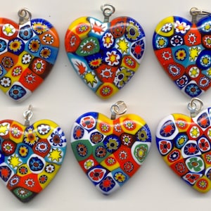 Millefiori Hearts, Murano Glass, Multicaned, Multicolored, Medium Heart Pendant, 25x25mm, with Silver Bale, Handmade