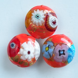 Orange Murano Glass, Venetian Beads, 21mm Millefiori Discs, Lente, with Multicolored Mosaic Canes, Handmade, Lampworked Italian Beads