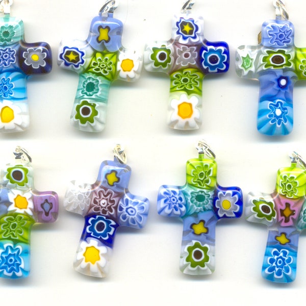 Millefiori Murano Glass, Medium, Multicolored Pastel Lace, Mosaic Cross Pendant, 30mm x 20mm, with Silver Bale, Made in Italy, Minimum 2