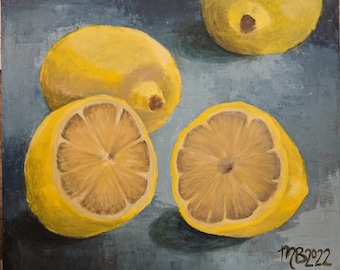 Zitronen Acrylbild, Obst Malerei, realistische Malerei