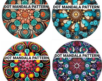 May include: Four round painted rocks with dot mandala patterns. Each rock has a different color scheme and design. The text "DOT MANDALA PATTERN" is written on each rock.