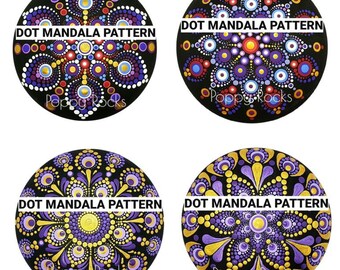 May include: Four round black stones with purple, gold, and red dot mandala patterns. Each stone has the text "DOT MANDALA PATTERN" and "Poppy Rocks" written on it.