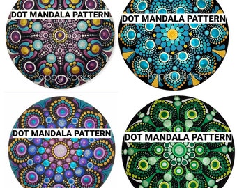 May include: Four round, black painted rocks with colorful dot mandala patterns. Each rock has the text "DOT MANDALA PATTERN" and "Poppy Rocks" written on it.
