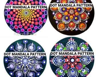 May include: Four round, black painted rocks with colorful dot mandala patterns. Each rock has the text "DOT MANDALA PATTERN" and "Poppy Rocks" printed on it.