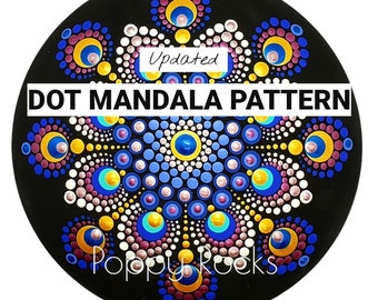 Könnte beinhalten: Ein schwarzer Hintergrund mit einem bunten Punkt-Mandala-Muster in Blautönen, Rosa, Gelb und Weiß. Der Text "Updated" und "DOT MANDALA PATTERN" ist in Weiß auf dem schwarzen Hintergrund geschrieben. Der Text "Poppy Rocks" ist in Weiß am unteren Rand des Mandalas geschrieben.