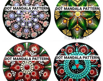 May include: Four round dot mandala patterns painted on black rocks. The patterns are in different colors, including pink, green, red, and blue. The text "DOT MANDALA PATTERN" is written on each rock.