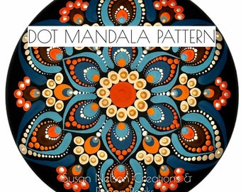 Może przedstawiać: Czarne tło z kolorowym wzorem mandali z kropek w odcieniach pomarańczowego, niebieskiego, brązowego i białego. Tekst "DOT MANDALA PATTERN" znajduje się w górnej części obrazu. Tekst "Susan Nelson Creations & Poppy Rocks" znajduje się w dolnej części obrazu.