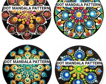 May include: Four round black rocks with colorful dot mandala patterns. Each rock has the text "DOT MANDALA PATTERN" and "Poppy Rocks" written on it.