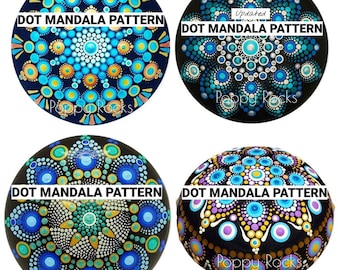 May include: Four round rocks painted with colorful dot mandala patterns. The rocks are black with blue, green, yellow, white, and purple dots.