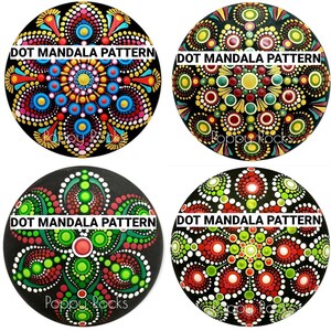 May include: Four round black rocks with colourful dot mandala patterns. Each rock has the text "DOT MANDALA PATTERN" and "Poppy Rocks" written on it.