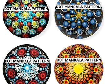 May include: Four round, black, painted rocks with colorful dot mandala patterns. Each rock has the text "DOT MANDALA PATTERN" printed on it.