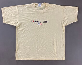 Y2K Tommy Jeans Dog Tag Graphic Tee Army Green Silver Tommy Girl V Neck 2000s 00s Vintage Small S