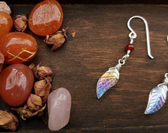 Opalescent Glass Leaf earrings, iridescent bead jewelry, sterling silver earrings, winter jewelry, dangle earrings, red agate earrings