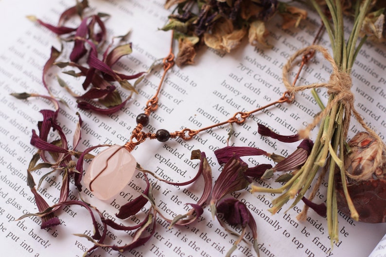 Rose Quartz Garnet Boho Metaphysical Copper Wire Wrapped Pendant Necklace Jewelry image 5