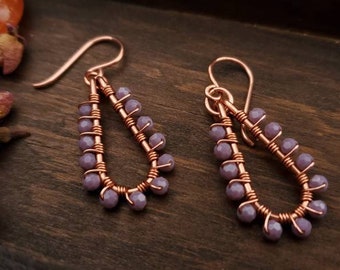 Purple Glass Bead earrings, copper earrings, dangle earrings, purple color jewelry, teardrop earrings