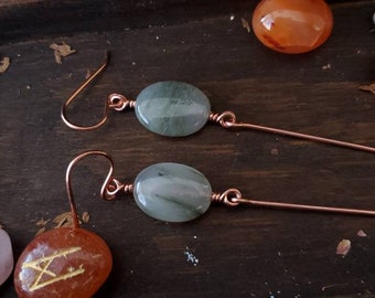 Green Seaweed Quartz jewelry, copper earrings, boho jewelry, Green color earrings, dangle earrings, nature jewelry, chic earrings, hippie.