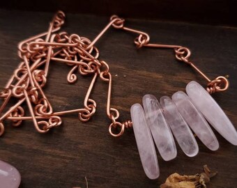 Rose Quartz copper necklace, copper wire jewelry, wire wrapped necklace, pendant necklace, bohemian jewelry, spiritual