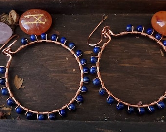 Lapis Lazuli hoop earrings, hoop earings, chic earrings, boho earrings, natural jewelry, copper jewelry, natural earth jewelry, hippie.
