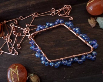 Blue bead necklace, winter necklace, copper jewelry, boho jewelry, boho necklace, blue color jewelry, pendant necklace, geometry necklace.