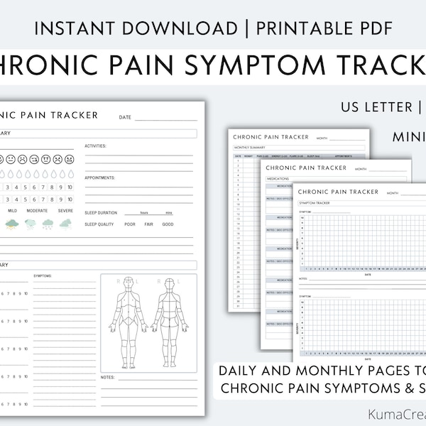 Chronic Pain Symptom Tracker | Chronic Illness Journal | Medication Log | Medical Information Binder | Printable PDF Template