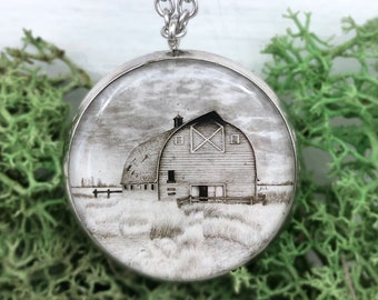 Western Cowgirl Necklace, Silver Farm Art Pendant, Country Life Jewelry, Canada Prairie Barn, Wearable Art, Gift for her, Stainless Steel