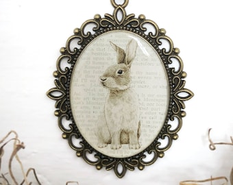 Victorian Rabbit Art Necklace, Vintage Cameo Bunny Pendant, Gift for Rabbit Lover, Bunny Mom Gift, Woodland Hare Drawing, Handmade Jewelry