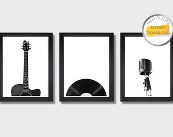 Conjunto de 3 impresiones musicales, impresiones de guitarra, impresiones de discos de vinilo, póster de guitarra, impresión de carteles musicales, impresión en blanco y negro, fotografía en blanco y negro, arte musical imprimible