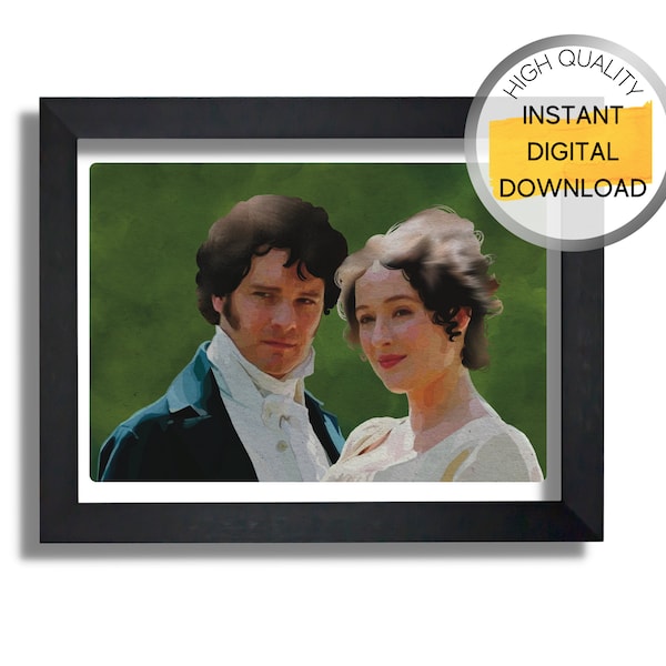 Pride and Prejudice 1995 Art Print, Elizabeth Bennet and Mr. Darcy, Original Hand Drawn Artwork, Printable Art, IMMEDIATE DIGITAL DOWNLOAD