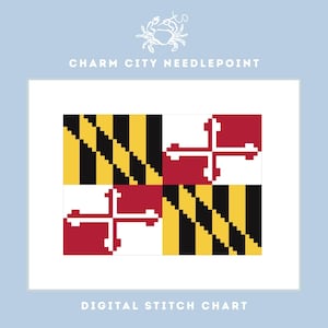 Może przedstawiać: Cyfrowy schemat haftu krzyżykowego z projektem flagi stanu Maryland. Flaga podzielona jest na cztery kwadranty z naprzemiennymi czarno-złotymi ukośnymi paskami oraz czerwonymi i białymi krzyżami. U góry napis "Charm City Needlepoint", a na dole "Digital Stitch Chart."