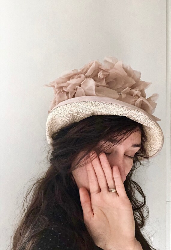 Vintage Floral Net Hat with Chiffon Petals in Cham