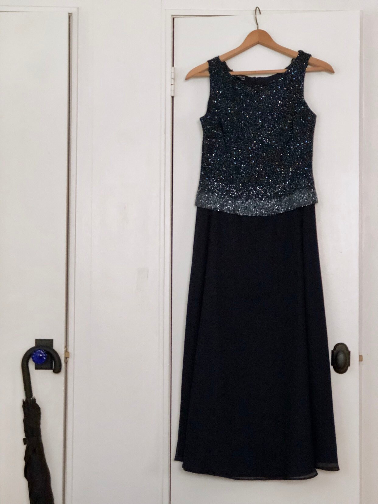 jkara navy beaded dress J Kara Women's 3 / 4 Sleeve Geo Beaded Dress Gown 1125NP size 14 dusty Blue  $299 main image 0