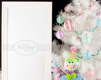 Download Free Sweet Snowman for Christmas | Mockup | Silver tree star | White Sign & Frame | White Christmas Tree | Candy Colors Ornaments | Vertical PSD Template
