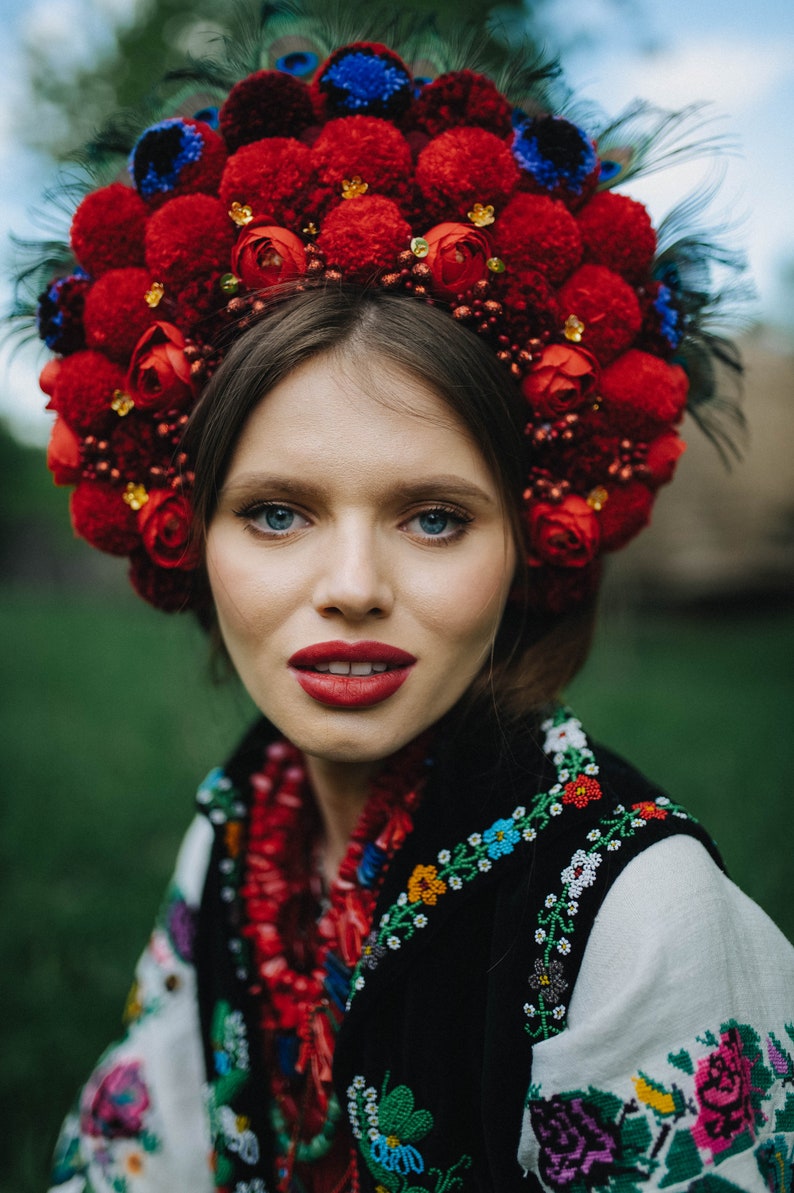 Ukrainian Flower Crown Ukrainian Pompoms Crown Ukraine Bride Etsy
