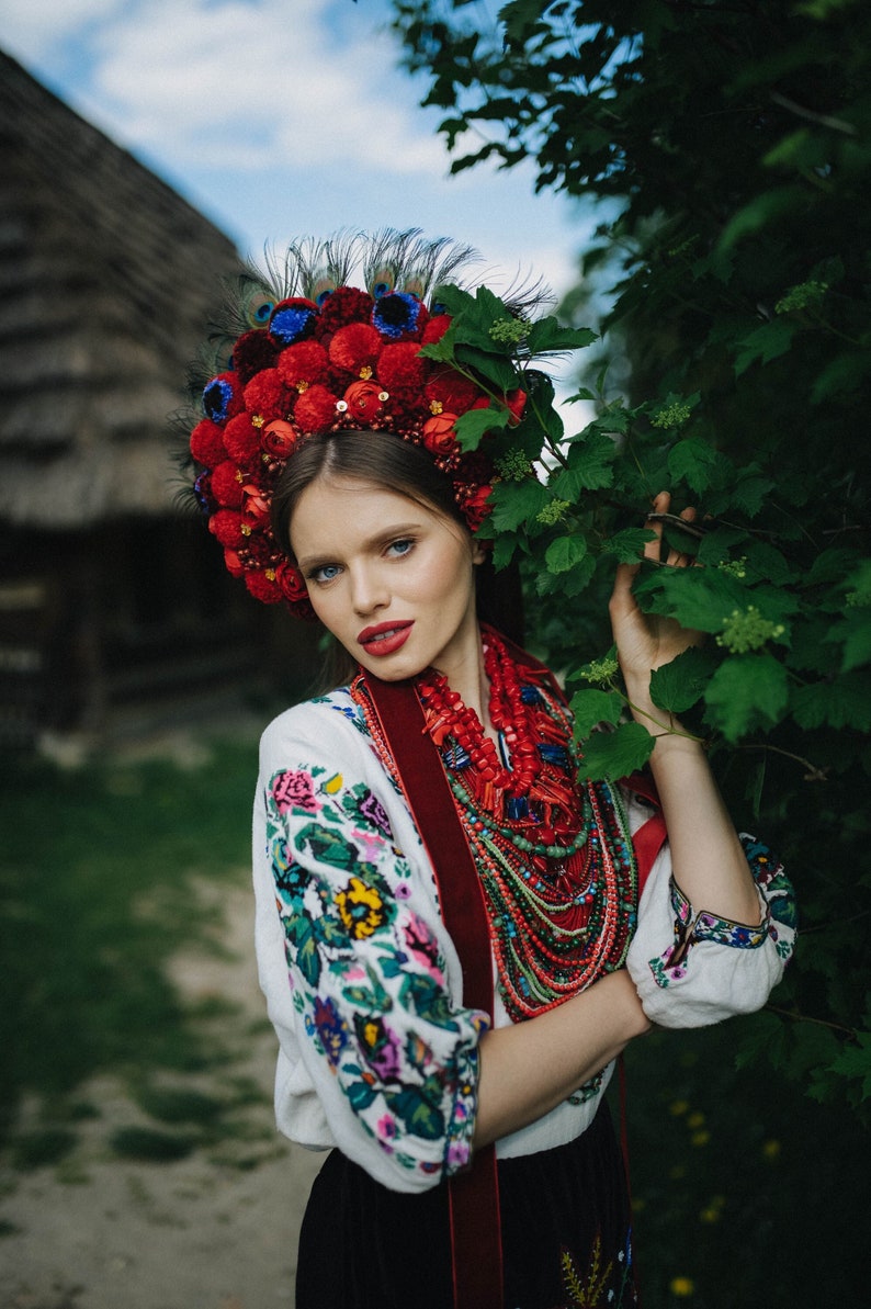 Ukrainian Flower Crown Ukrainian Pompoms Crown Ukraine Bride - Etsy
