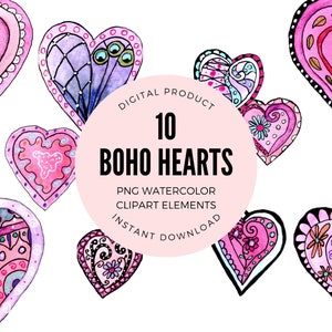 Watercolor boho hearts | Whimsical Hand Drawn Heart Illustrations  | Heart Clipart | Transparent Background PNG