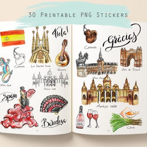 Spain travel stickers Printable Barcelona Madrid digital stickers for travel journal Cute Watercolor clipart Scrapbooking Spanish clip art